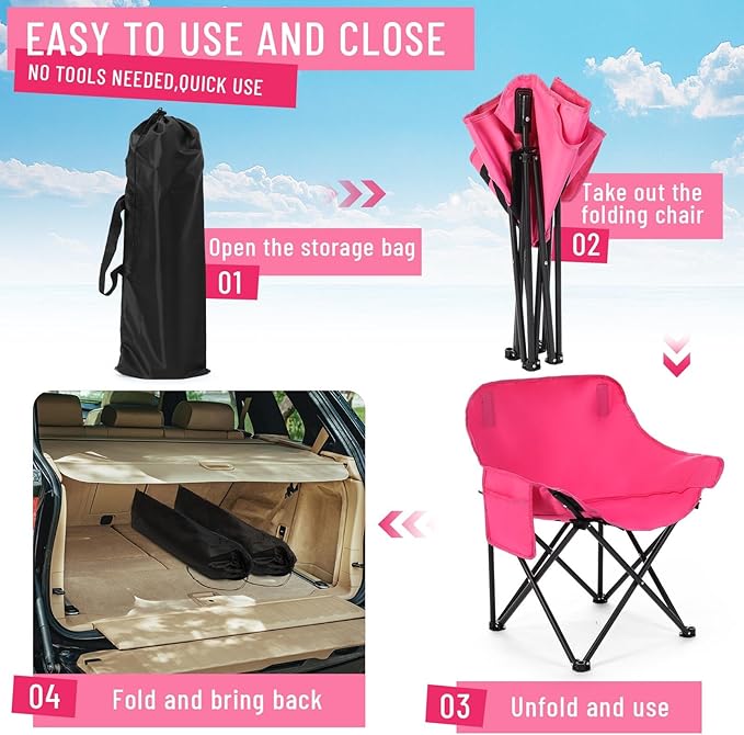 2 Pack Compact Camping Chairs Portable Folding for Outside with Carry Bag Lightweight Moon Chairs for Travel Picnic Hiking Beach Fishing 600D Oxford Supports 330lbs(Pink)