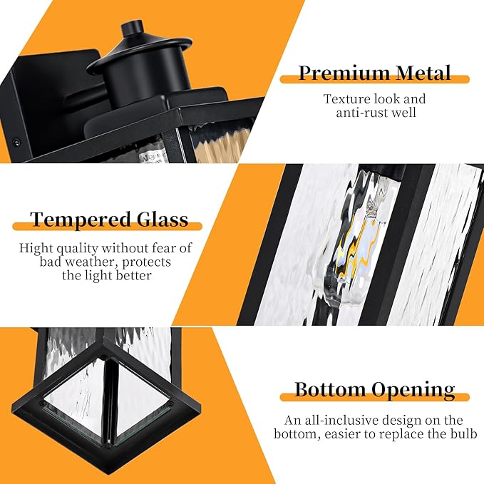 12'' Outdoor Light Fixture 2 Packs Outdoor Wall Lights Exterior Wall Sconce with Water Ripple Glass Waterproof Porch Light Lantern Wall Mounted Modern Black Outside Lights for House Patio Garage