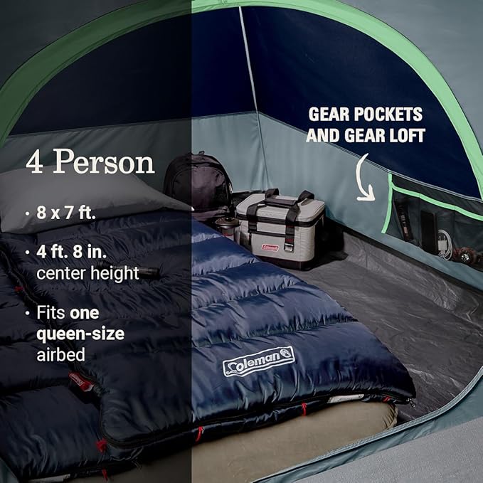 Coleman Skydome Tent with LED Lights &amp 5-Minute Setup Weatherproof 4-Person Tent with Overhead Lighting Made of PFAS-Free Materials