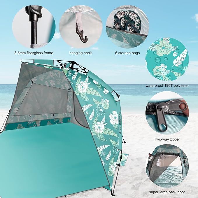 Beach Tent Sun Shelter for 4-6 Person - Pop Up Beach Tent UPF 50＋ UV Protection Lightweight and Easy Setup Cabana Extendable Floor with 3 Ventilating Windows Carrying Bag