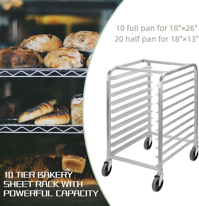 HALLY SINKS &amp TABLES H Bun Pan Rack 10 Tier with Wheels Commercial Bakery Racking of Aluminum for Full &amp Half Sheet - Kitchen Restaurant Cafeteria Pizzeria Hotel and Home 26 L x 20 W x