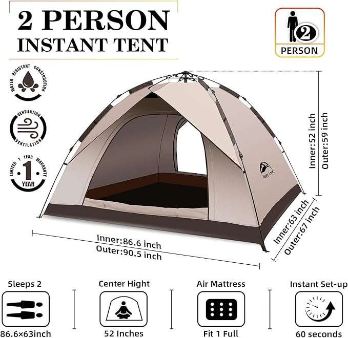 Happy Travel 1/2/3/4 Person Camping Tent Instant Easy Pop Up Tents for CampingAutomatic Waterproof Family Camping Tent Easy Set Up TentPortable Windproof Dome Tent for Camping Hiking &amp Traveli