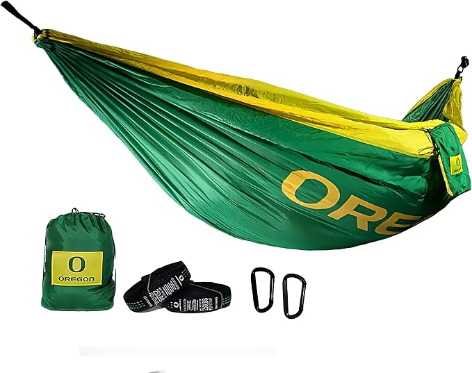 Rincon Official (University of Oregon) College Hammock - Premium 210T Nylon Spacious 112 x 74 inches (LxW) Double &amp Single Camping Hammock - Portable Outdoor Adventure Gear for Students and Alumn