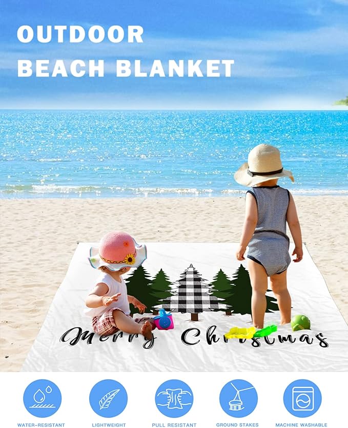 Beach Blanket Waterproof Sandproof OversizedMerry Christmas Trees Black Checker Beach Mat with Corner Stakes Sand PocketsWinter Tree Shadow on White Outdoor Picnic Mat for Travel Camping 83x79In