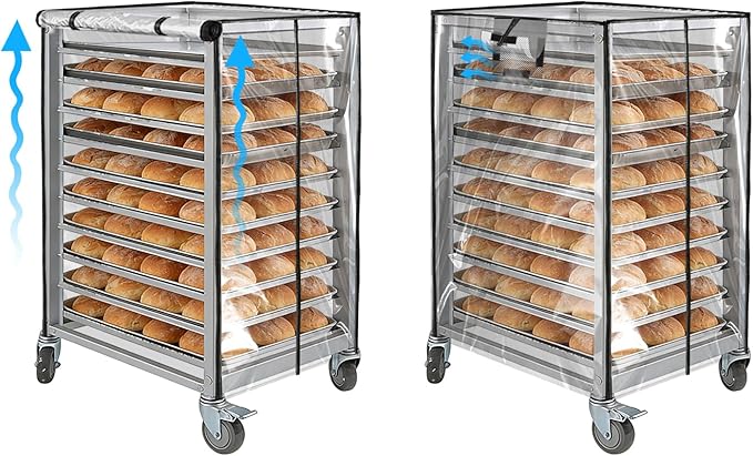 Bun Pan Sheet Rack CoverBread Speed Rack Cover with ZipperCommercial Bakery Racks 23x28x32Clear PVC Waterproof Dustproof Bread rack Cover with Breathable Mesh Vent (10-Tier TPU)