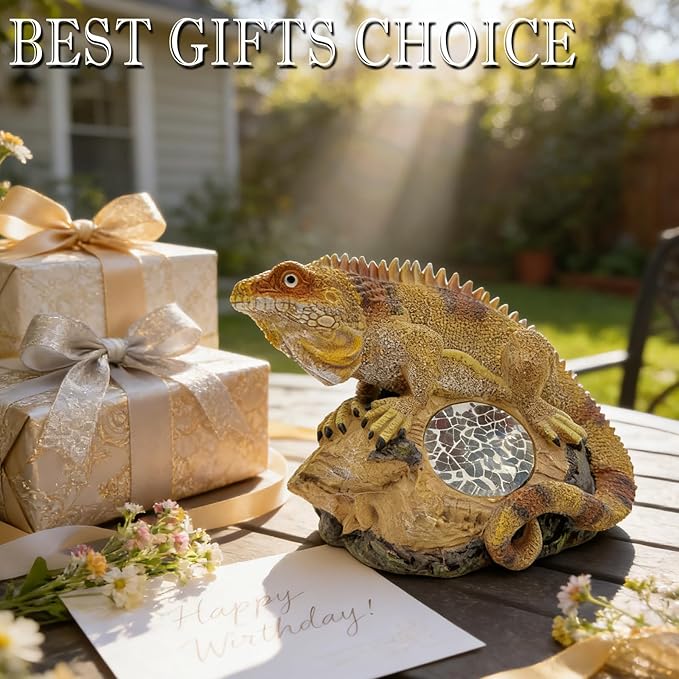 Solar Chameleon Garden Statues Decor for Outdoor Khaki Chameleon Figurine Lights for Lawn Patio Yard Decoration - Unique Christmas Housewarming Gifts for Grandma Wowen Mom