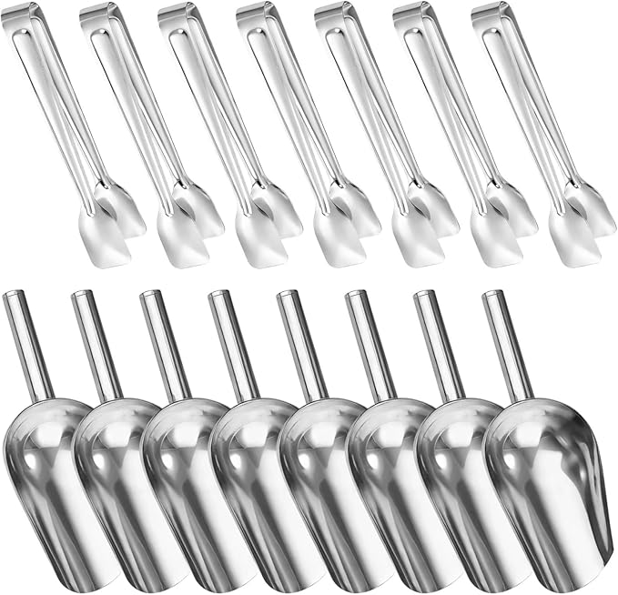 Generic Stainless Steel Ice Scoop Set Easy Cleaning 16 Pcs Containing 8 Ice Cube Tongs And 8 Ice Scoops Ideal For Freezers And Ice Machines