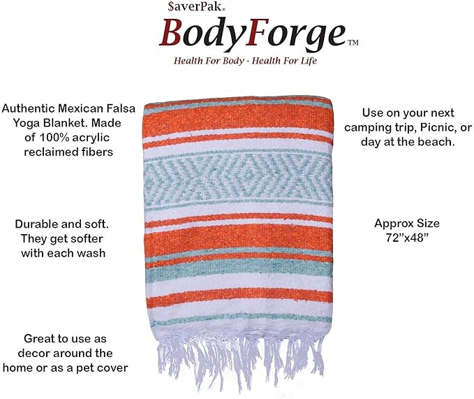 $averPak BodyForge Authentic Mexican Falsa Yoga Blanket (Orange/Teal/White)
