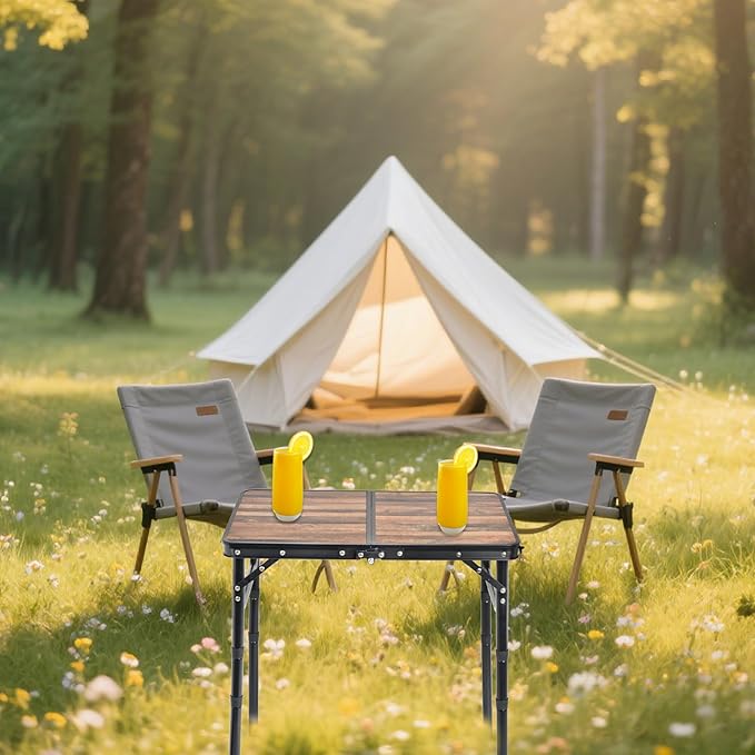 Aluminum Folding Table - Premium Portable Lightweight and Adjustable Camping Table for Outdoor Adventures Picnics and Home Use - Durable and Compact Design 2ft with Carry Handle (Wood Grain)