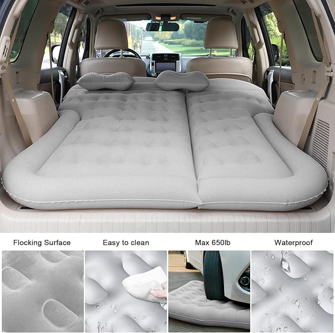 ISWEES Car Bed SUV Air Mattress Car Air Mattress with Home Power Adapter Electric Pump 2 Inflatable Pillows and 2 Footrests for Back Seat Side SeatTrunk Sleeping Thickened Camping Bed - Grey