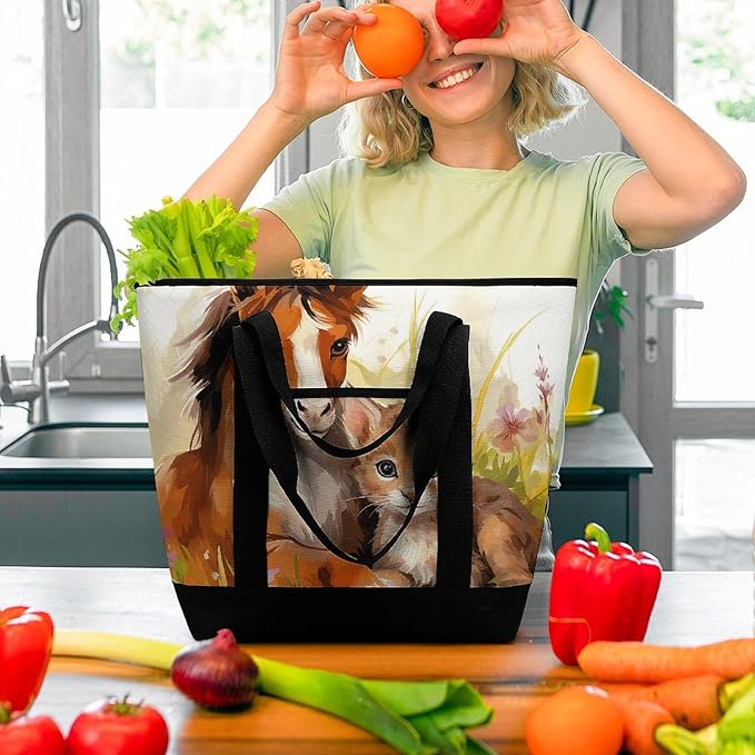 Insulated Shopping BagLarge Reusable Cooler Bags Cute Horse And Cat Printed Foldable Shopping BagTravel Waterproof Shoulder Bag