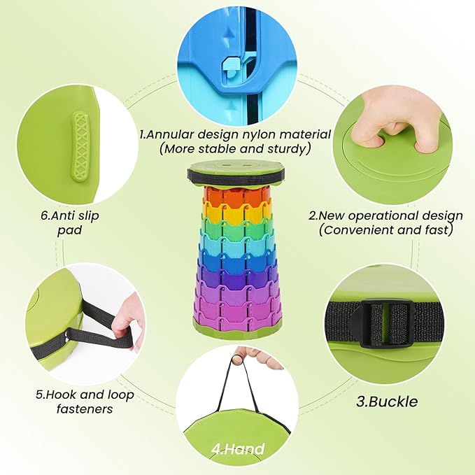 2 Pack Upgraded Collapsible Stool Folding Stool with CushionRetractable Folding Stool Max Load Capacity 400lbs Portable Telescoping Stools for Camping Hiking Outdoor BBQ -Rainbow-Green