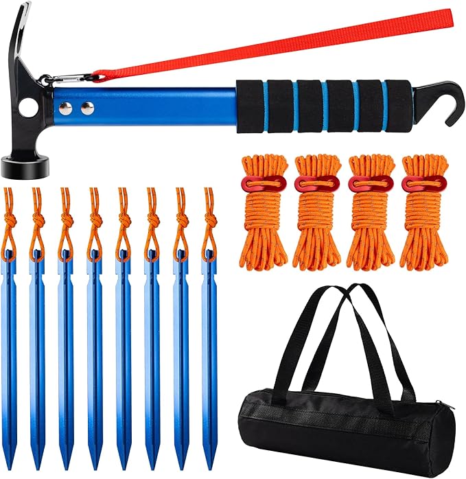 14 Pcs Camping Kit Aluminum Tent Stakes(8Pcs) with Reflective Camping Rope(4Pcs) Camping Hammer(1Pcs) Storage Bag(1Pcs) Suitable for Tent Camping Hiking and Outdoor Adventures