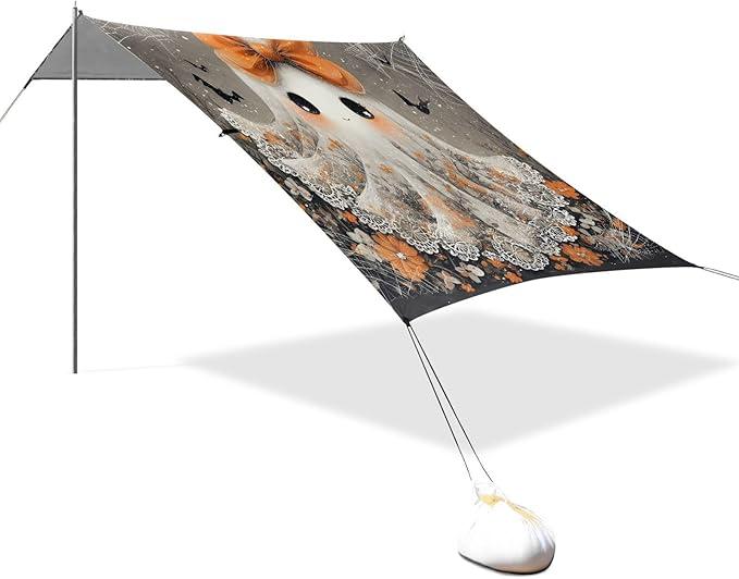 ALAZA Cute Ghost Bow Halloween Beach Tent Sun Shelter UPF50+ Protection Beach Shade Canopy w/ 4 Sandbags for Outdoor Camping Fishing Backyard Fun Picnic 10x9 ft