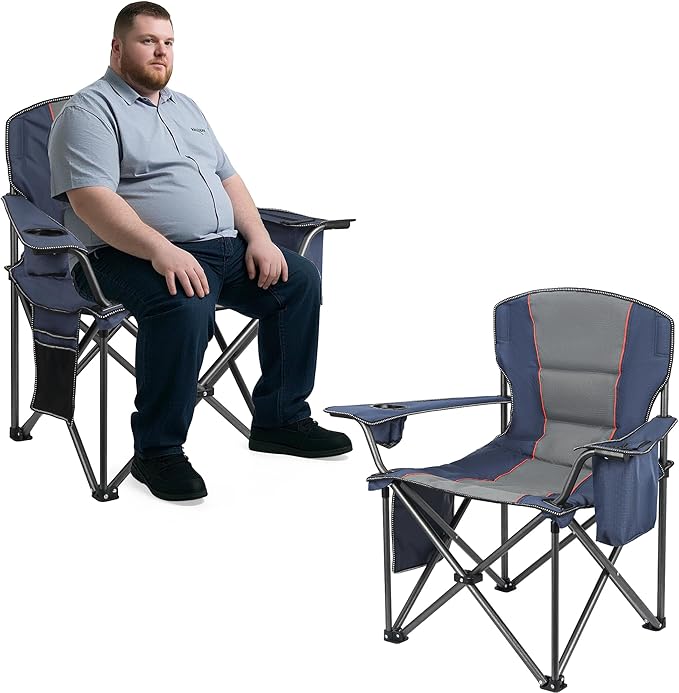 2 Pack Heavy Duty Oversized Camping Chair for Adults 400lbs w/Lumbar Support - Folding Chairs with Side Pocket Cup Holder &amp Cooler Bag for Beach Fishing Lawn Backyard Navy Blue