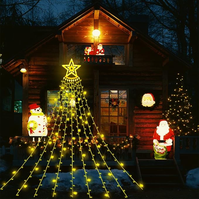 Aokudoni Christmas Lights Outdoor 12.6 ft 8-Lighting Modes Waterfall Xmas Lights Outdoor Christmas Decorations for Yard Tree House Holiday Party Warm White