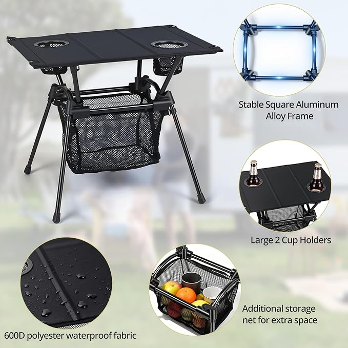 Anbte Ultralight Portable Camping Table 3.2lb Folding Camping Table with Cup Holders &amp Storage Net 20in Height for Camping Hiking Tailgating Beach Picnic Travel Patio 23 x 16 Black