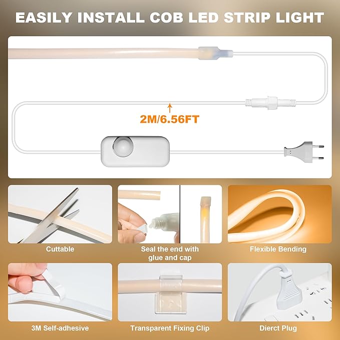 IP67 Waterproof COB LED Strip Lights AC 110V-120V Direct Plug 66FT Super Bright Outdoor Strip Lights with Double Fuse Controller 2700K Warm White LED Strips for Garden Patio Commercial Decor