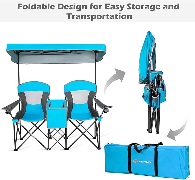 COSTWAY Double Camping Chair Portable Camping Chairs with Canopy Cup Holder Iced Bag Storage Bag Carrying Bag Folding Loveseat Camping Chair for Adults Outdoors Sport Blue