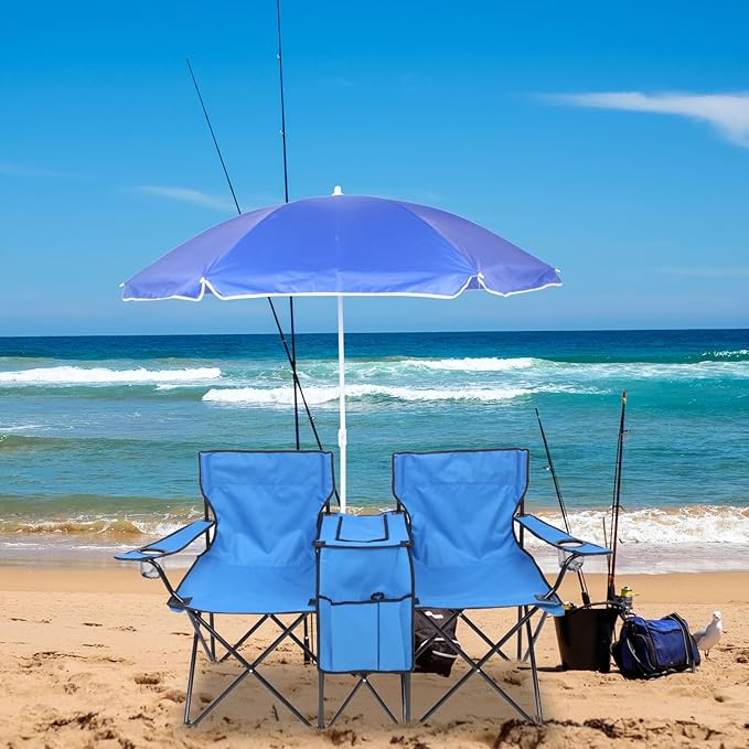 Outvita Folding Double Camping Chair w/Umbrella Beverage Holder Carrying Bag Cooler Fold Up Table Large Bearing Capacity for Beach Patio Pool Park Outdoor Blue