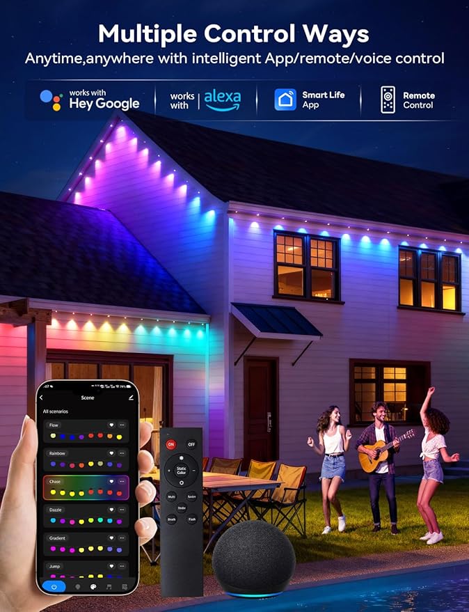 100FT Permanent Outdoor Lights with 60 LED RGB Color Changing String Lights IP67 Waterproof Eaves Light with APP &amp Remote Control 49 Scene Modes Music Sync Mode For Christmas Halloween Part