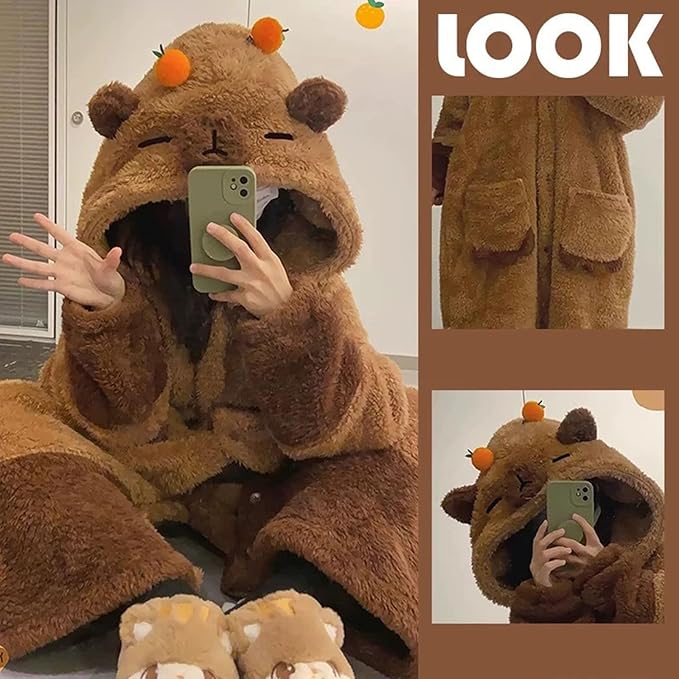 Warm one-piece blanket pajamas in autumn and winter cute shark capybara robe hooded coral velvet padded velvet home clothes.