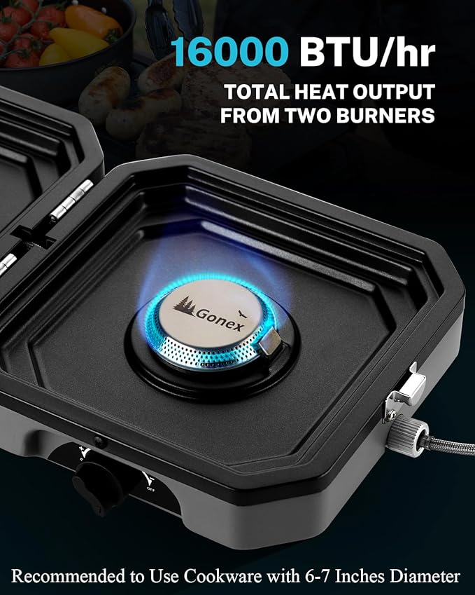 Gonex 2 Burner Propane Camping Stove with Griddle &amp Grates Portable Foldable Cooking Stove with Total 16000 BTU Two Piezo Ignition Adjustable Burners for Camping Patio Emergency Hiking (Grey