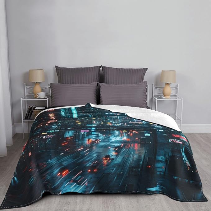 Rainy Night Street 50x40 Printed Soft Fleece Blanket for Sofa Bed and Camping - Cozy Blanket for Travel Picnics Nighttime Use