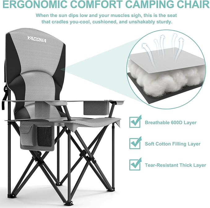Oversized Camping Chairs 2 Pack - 450lbs Support Folding Camping Chair for Adults w/Padded Back &amp Arm Sport Chairs Cup Holder Cooler Bag Heavy Duty Portable Lawn Chairs for Sports Garden Beach