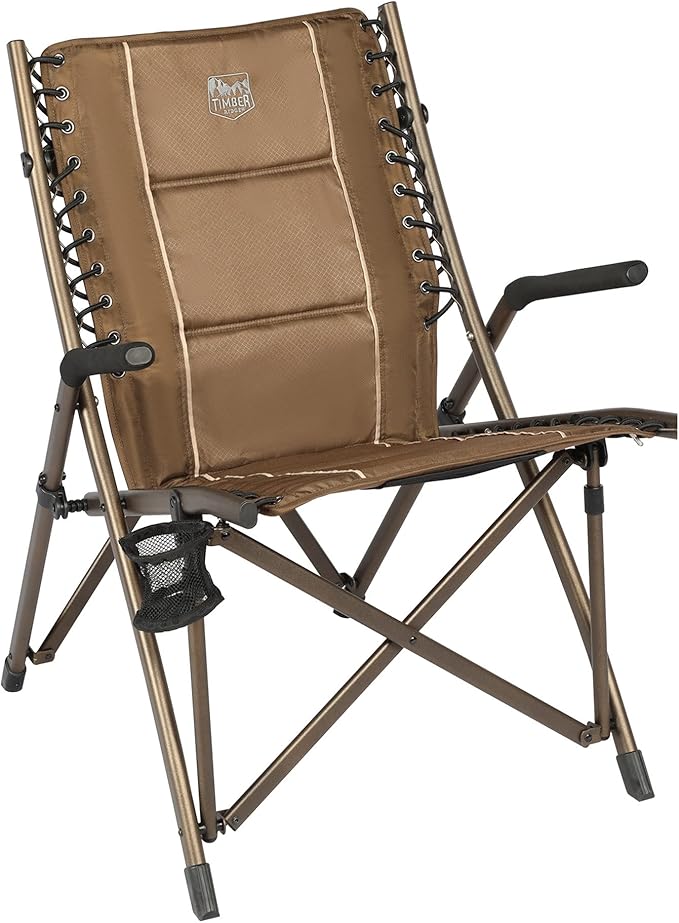 Timber Ridge Bungee Folding Camping Chairs for Adults Heavy Duty Collapsible Padded Chair with Armrests Cup Holder Foldable Outdoor Lounge Chairs for Fishing Lawn Supports 300 lbs Earth Brown