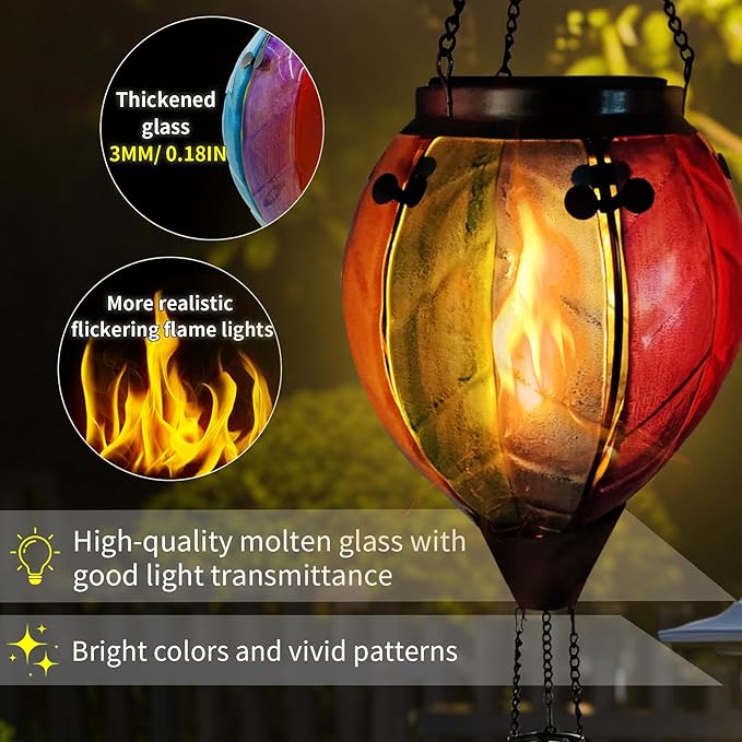 Glass Solar Hot Air Balloon Lantern with Flame Hanging Garden Flickering Light Outdoor Waterproof for Yard Patio Tree Mother's Day Gift Colorful