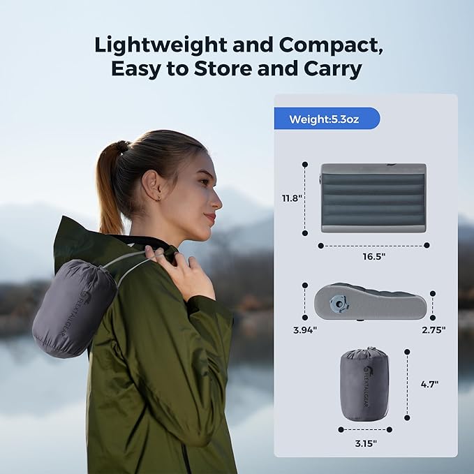 FLEXTAILGEAR Inflatable Camping Pillow Ergonomic Travel Pillow Backpacking Gear with Washable Removable Cover Separate TPU Bladder for Camp Hiking Airplane Road Trip Office