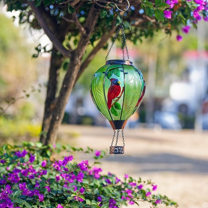 Large Hot Air Balloon Cardinal Solar Lantern Lights with Flame Green Glass Balloon Lantern Waterproof Outdoor Decor for Garden Yard Patio Birthday Mother's Day Gifts for Moms Women