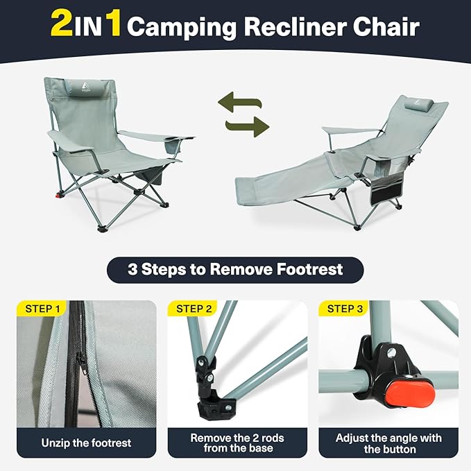 2-in-1 Reclining Camping Chair Portable Folding Beach Lounge Chair with Footrest &amp Adjustable Backrest Comfortable Lawn Chair for Adults Heavy Duty with Cup Holder for Outdoor Poolside Sports
