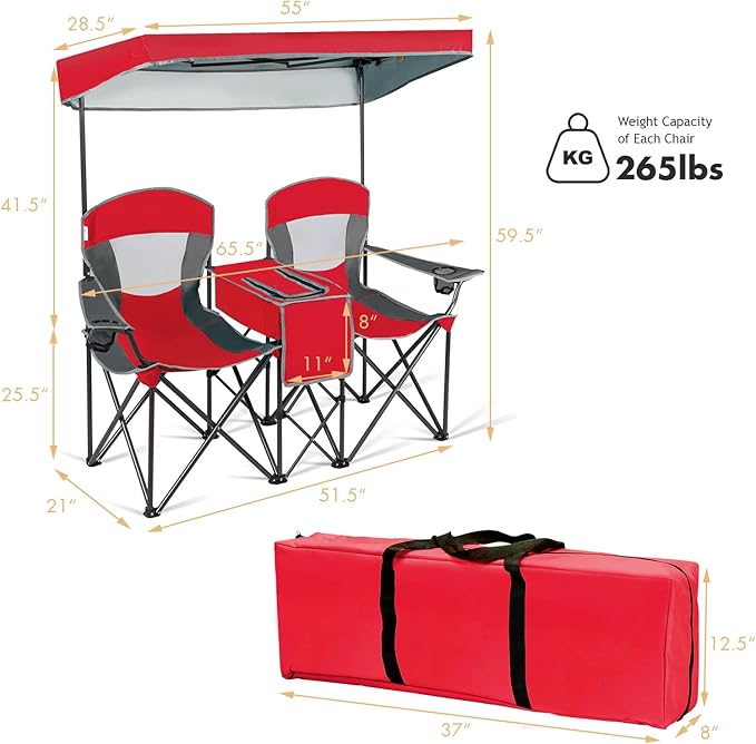 DORTALA Double Camping Chair with Canopy 2 Person Folding Beach Chair with Canopy Shade Table Beverage Holder and Storage Bag Double Rocker Chair Outdoor for Camping Beach Picnic Red