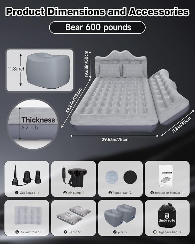 Umbrauto Car Air Mattress Bed: Inflatable SUV Camping Sleeping Pad for Truck Back Seat with Pump &amp Pillows Blow Up Backseat Car Mattress for Van Rear Seat