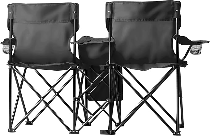 Double Folding Camping Chair W/Umbrella Fold Up Table Beverage Holder Carrying Bag Cooler for Patio Pool Park Outdoor Beach Picnic Portable (Black)