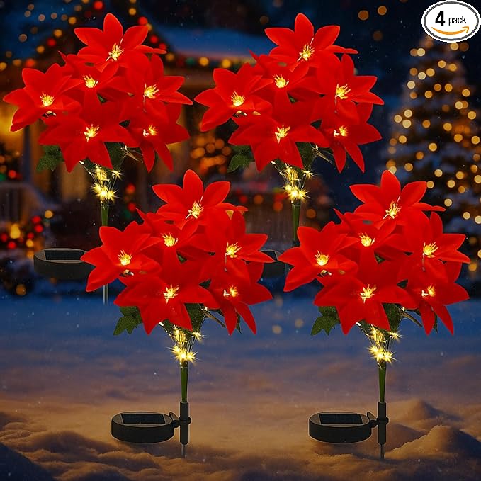 VIHOSE 4 Pcs Christmas Solar Flowers Lights Artificial Poinsettia Landscape Waterproof Solar Poinsettia Lights for Outdoor House Yard Lawn Patio Garden Pathway Christmas Party Supplies (7 Flowers)