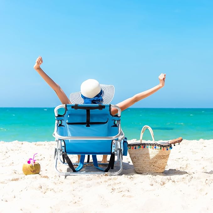 Outvita Backpack Beach Chair 5 Level Adjustable Positions Beach Chair with Back Storage Bag Cooler Pouch and Side Bags for Beach Poolside Lawn