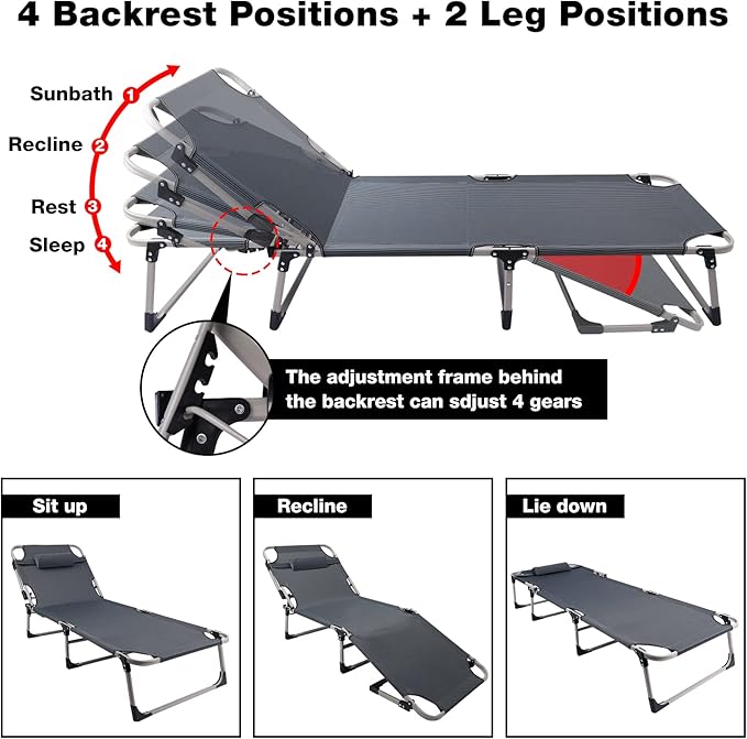 REDCAMP Folding Camping Cot with Thicker Cot Mattress Pad Adjustable 4-Position Reclining Folding Chaise Lounge Chair with Pillow for Camping Outdoor Beach Pool