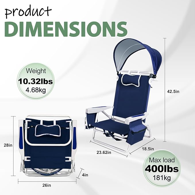 Romswi Beach Chair with Canopy Shade for Adults 1 Pack Aluminum Folding Chairs with Detachable &amp Adjustable Umbrella 5-Position Lay Flat Cooler Bag Cup &amp Phone Holder Towel Bar Navy Blue
