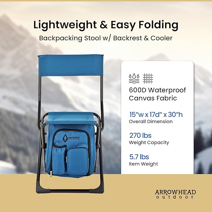 Arrowhead Outdoor Multi-Function 3-in-1 Compact Camp Chair: Backpack Stool &amp Insulated Cooler w/Bottle Holder &amp Storage Bag External Pockets Backrest Fishing Hiking Heavy-Duty USA-Base