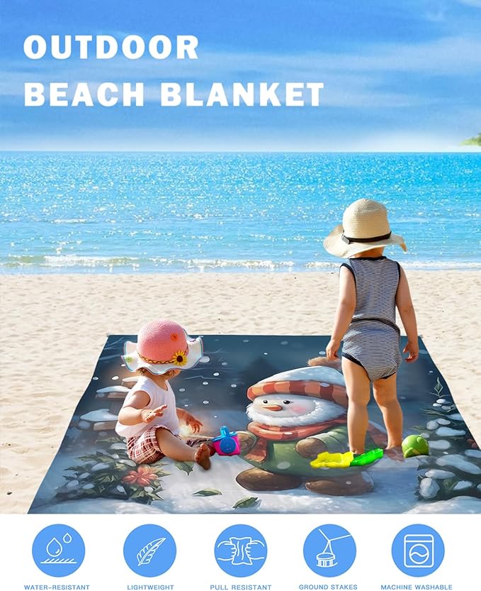 Beach Blanket Waterproof Sandproof Christmas Cute Cartoon Snowman Quick Drying Beach Mat with 4 Stakes Tree Snow-covered Landscape Lightweight Picnic Blanket for Travel Camping Outdoor 118x108