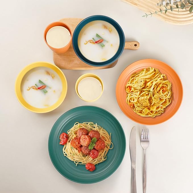 Wheat Straw Dinnerware Sets Unbreakable Plates and Bowls Sets for 8 Reusable Plastic Plates and Bowls 32Pcs Dishwasher Microwave Safe Plastic Dishes Kitchen RV Camping Outdoor