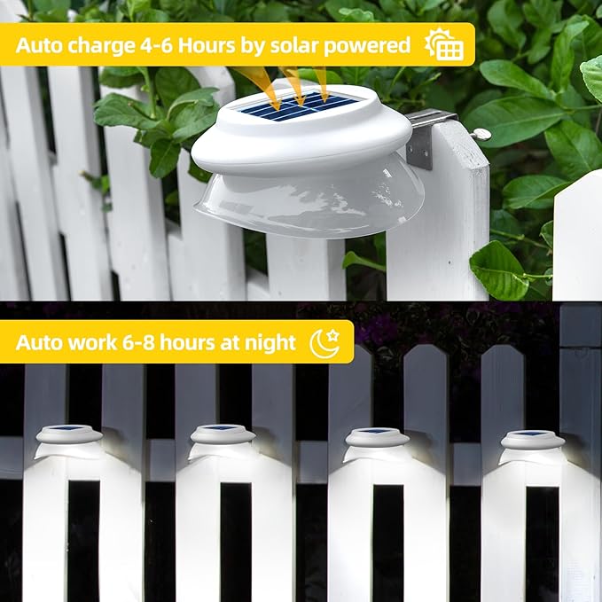 ROSHWEY Gutter Lights Solar Powered 6 Pack Solar Patio Decor Lights with 9 LED Waterproof Fence Light for Eaves Garage Garden Landscape Pathway (Cool White)
