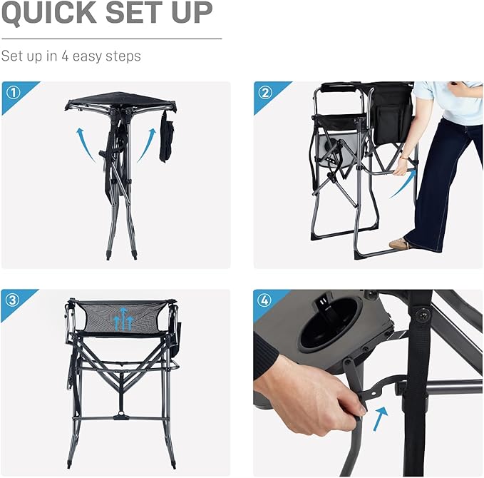 EVER ADVANCED Portable 30.7 Seat Height Tall Folding Camping Chair Directors Chair High Foldable Bar Stool with Side Table for Makeup Artist Sports Event Craft Show Textilene Mesh Supports 350LBS