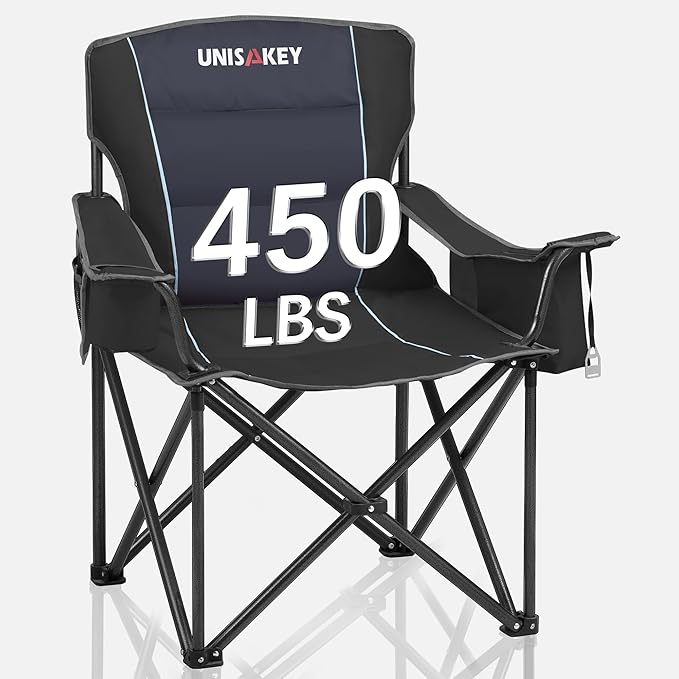 Oversized Folding Camping Chair for Adults - 450lbs Support - Heavy Duty Portable Lawn Chairs with Side Pocket Cup Holder Cooler Bag for Sports Garden Beach Fishing Black