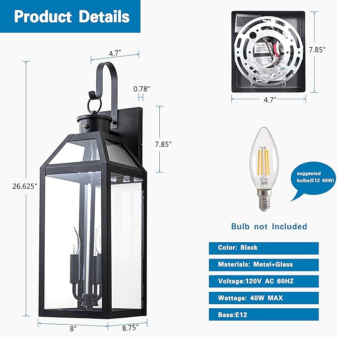 26 Dusk to Dawn Outdoor Wall Light with Sensor - Waterproof Exterior Wall Sconce for Porch Patio Garage Front Door Balcony Entry Modern Hardwired Lantern in Black Metal &amp Glass 3 Light - 2 P