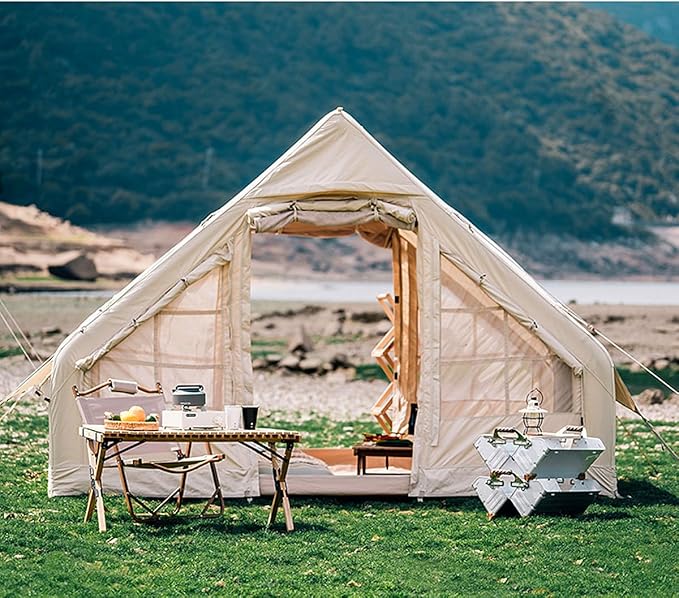 UNIISTRENGH Inflatable Camping Tent Air Glamping Quick Set Up Waterproof Pop Up Tents with Stove Jack Hole and Carry Bag