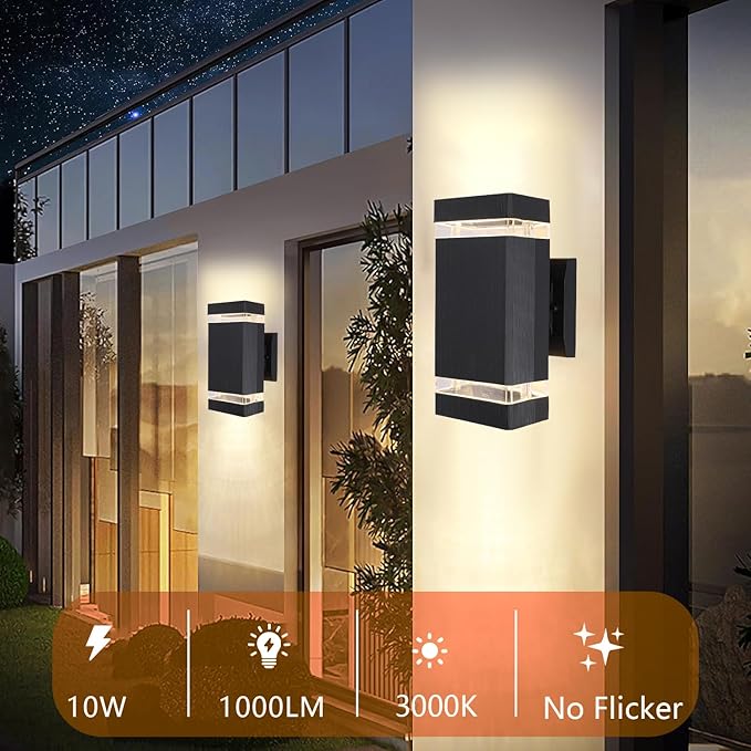 LED Outdoor Wall Lights 2 Pack Square Up and Down Porch Lighting Fixture Wall Mount Modern Aluminum Exterior Wall Sconces Waterproof Outside Lights for House